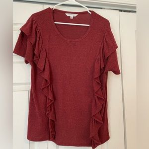 Red short sleeve top with ruffles down the front